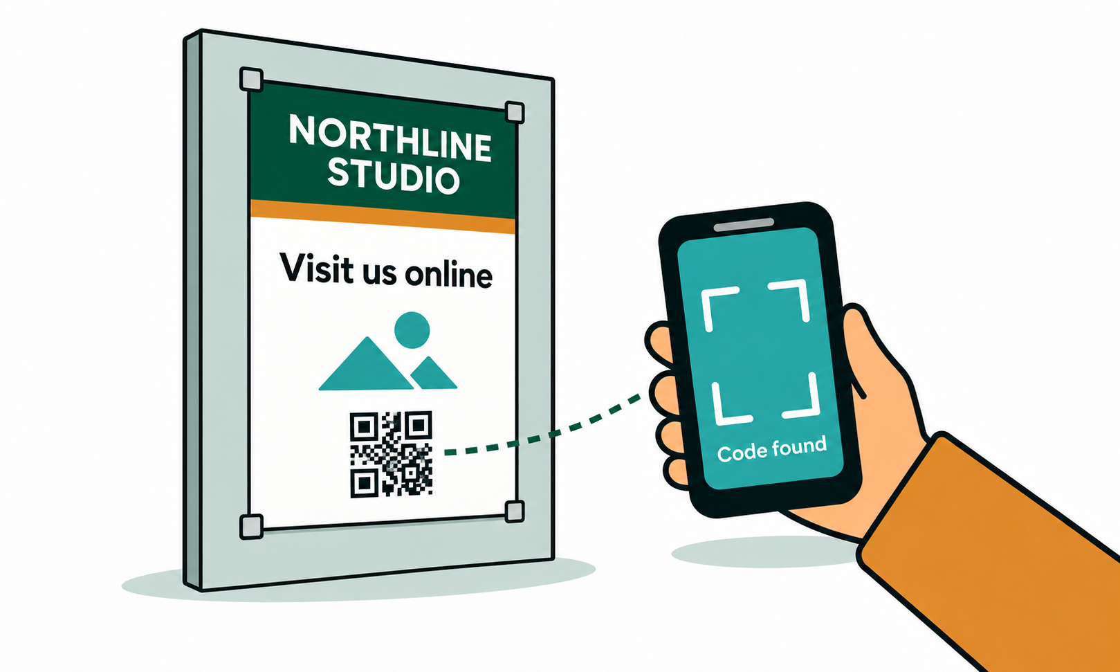 A shop-window sign reading “Visit us online” being scanned with a phone, sending the visitor straight to the website.