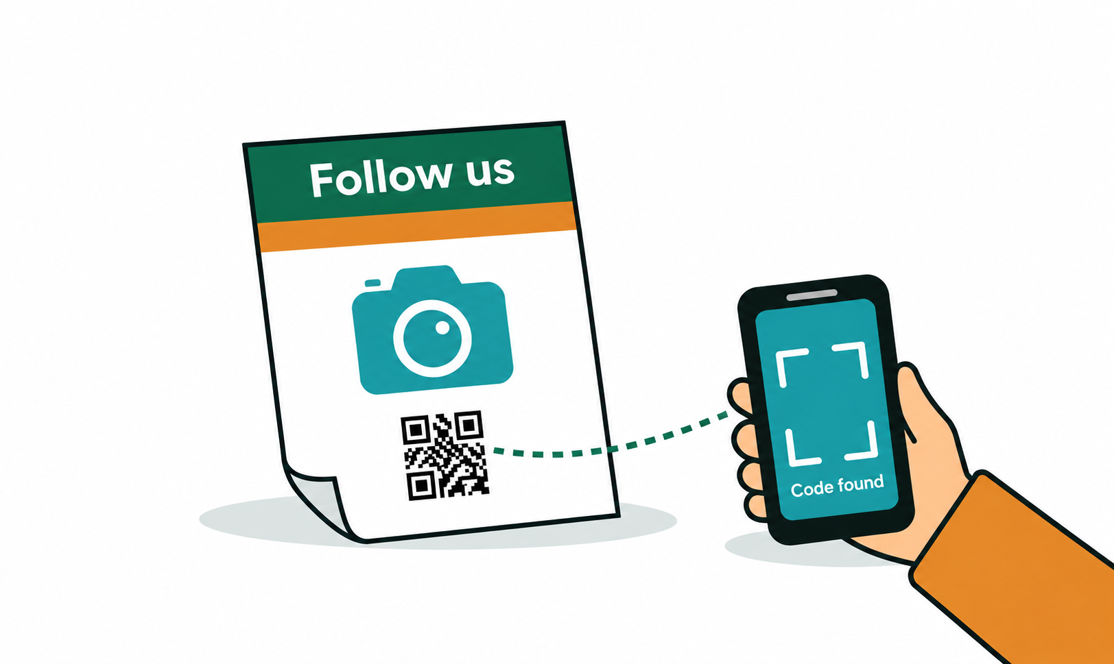 A “Follow us” card with a QR code that opens your social profile in one scan.