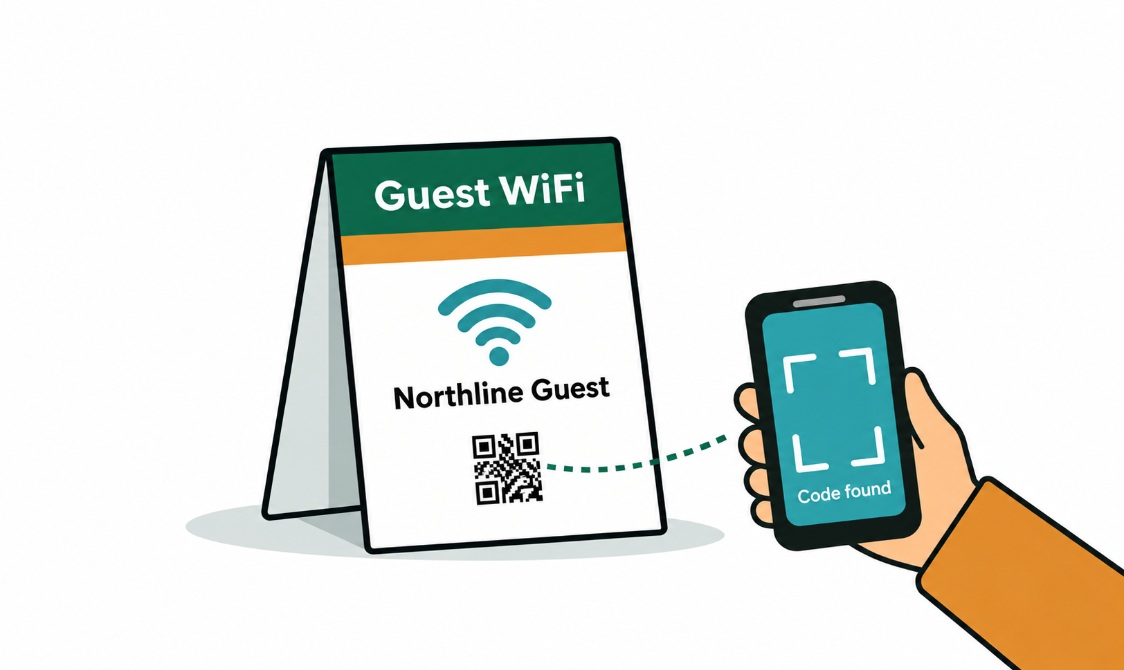 A printed Guest WiFi table tent being scanned at the table.