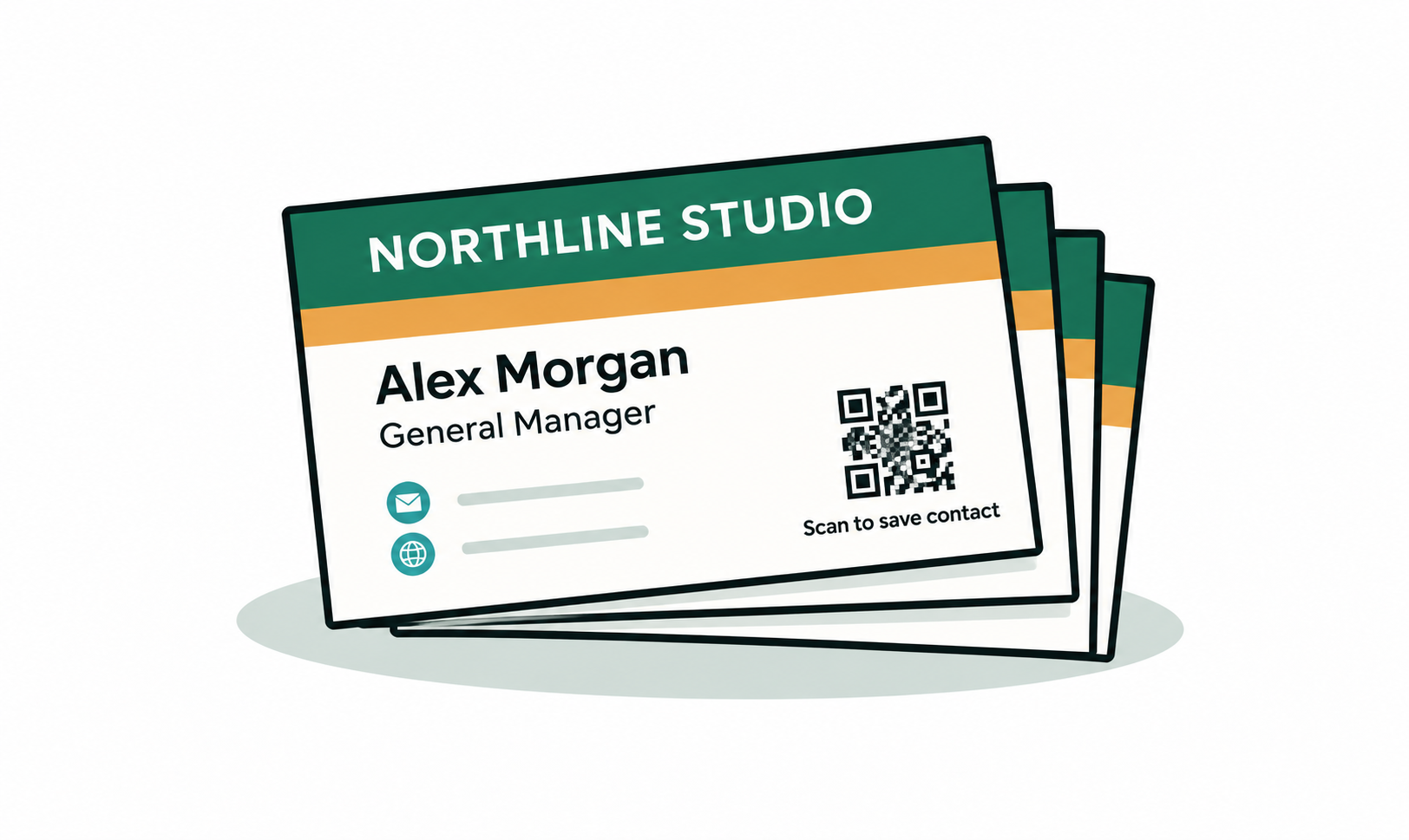 A business card with the code in the lower corner, clear of the trim edge and away from the printed details.