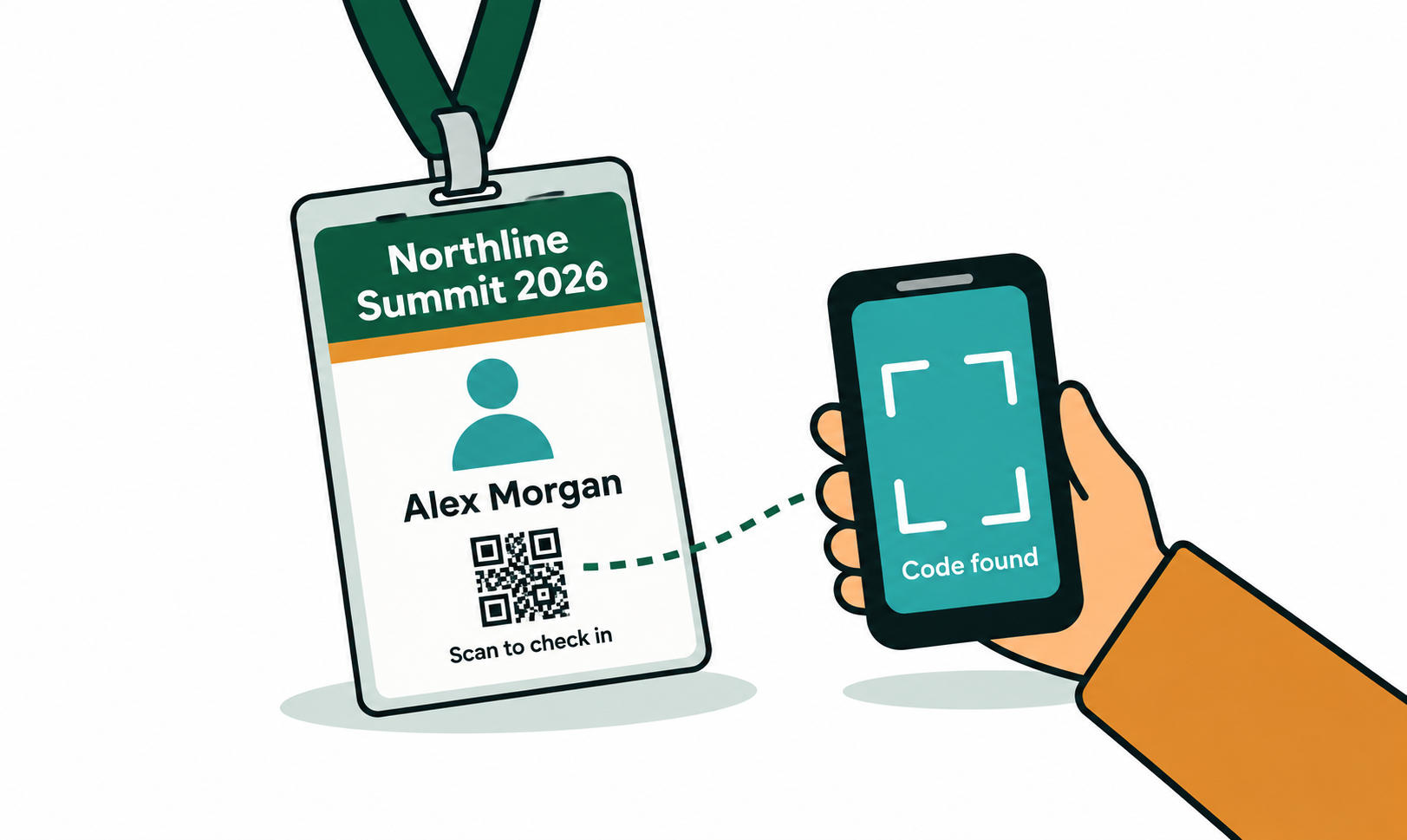 A delegate badge with the code below the name, repointable from schedule to feedback form mid-event.