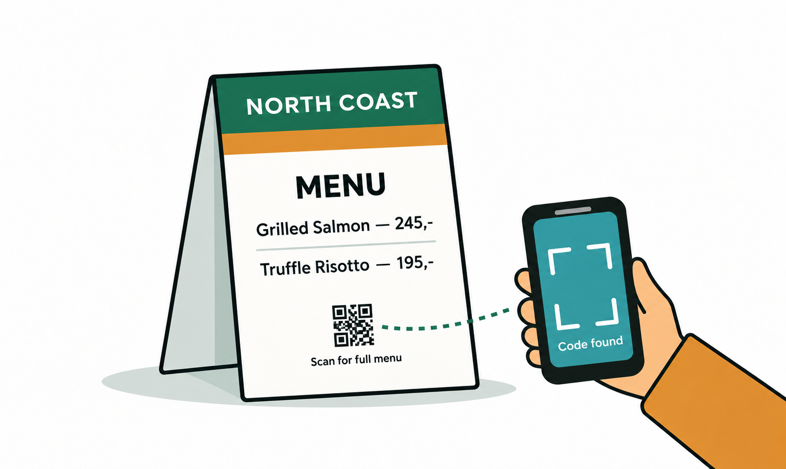 A table tent carrying a dynamic code: reprint the menu as often as you like, the card stays on the table.
